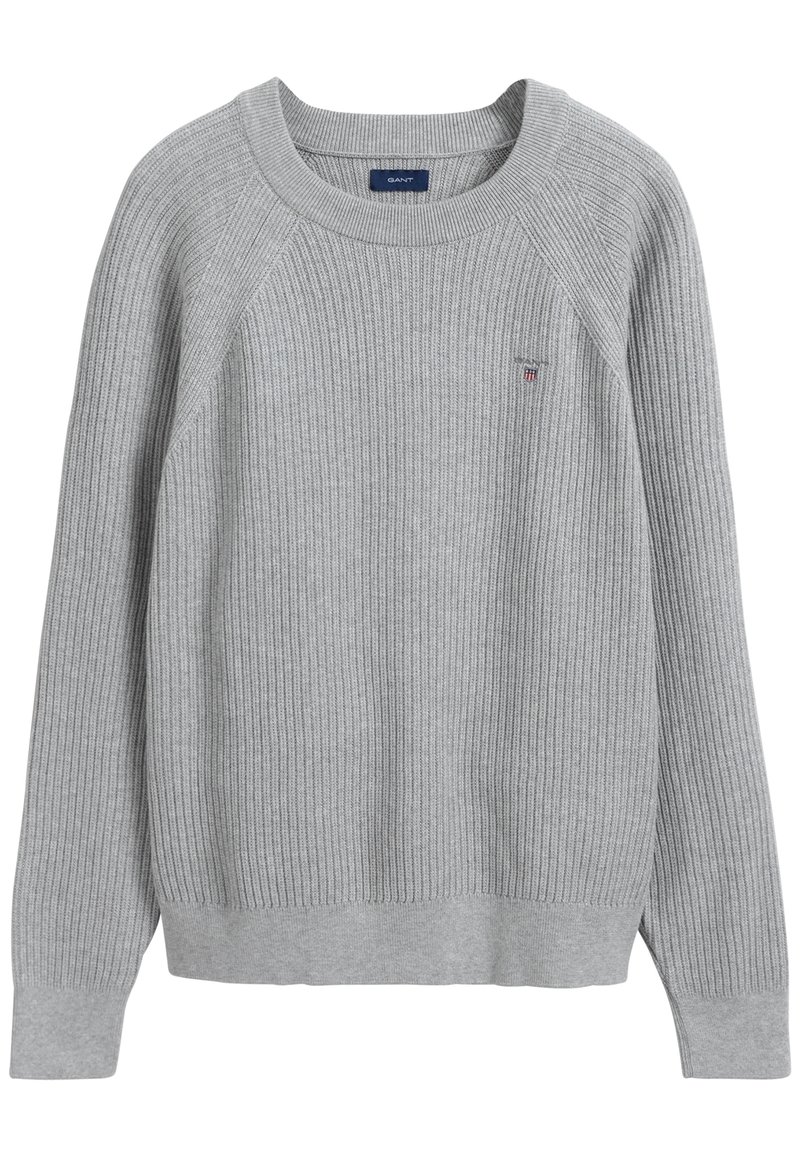 Maglione grigio a coste con maniche raglan, collo rotondo e un piccolo logo sul lato sinistro del petto. Texture morbida, design casual e polsini aderenti.