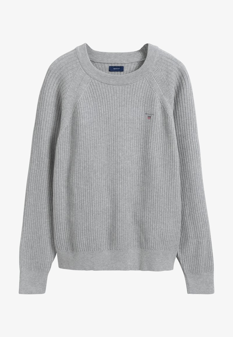 Maglione grigio a coste con maniche raglan, collo rotondo e un piccolo logo sul lato sinistro del petto. Texture morbida, design casual e polsini aderenti.