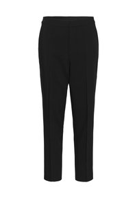 Schwarze, maßgeschneiderte Hosen mit slim fit, flachem Bund und ohne sichtbare Taschen. Glatte Textur und knöchellanges Design.