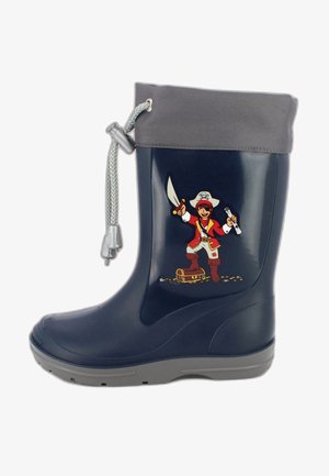 Navy rubber rain boot with a gray cuff, featuring a pirate graphic, sword, and treasure chest. Includes a drawstring for secure fit.