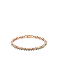 Bracciale in metallo color oro rosato con una fila di rhinestones trasparenti, chiusura sicura e un design flessibile per una facile indossabilità.