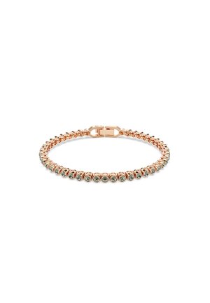 Pulsera de metal en oro rosa que presenta una fila de brillantes transparentes, un cierre seguro y un diseño flexible para un uso cómodo.