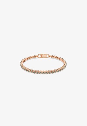 Roze gouden metalen armband met een rij heldere rhinestones, een veilige sluiting en een flexibel ontwerp voor gemakkelijk dragen.