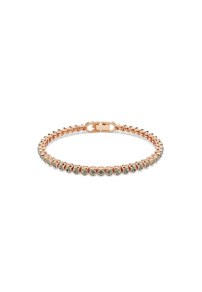 Bracciale in metallo color oro rosato con una fila di rhinestones trasparenti, chiusura sicura e un design flessibile per una facile indossabilità.