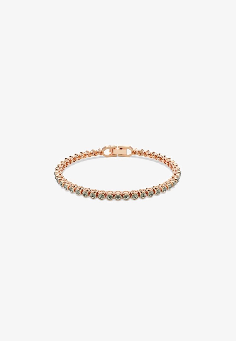 Náhrdelník z ružového zlata obsahujúci radu priehľadných rhinestones, bezpečné zapínanie a flexibilný dizajn pre jednoduché nosenie.