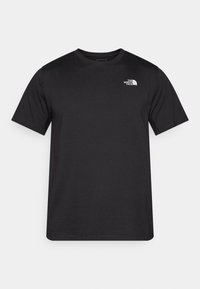 T-shirt noir à manches courtes en coton. Présente un col rond et un petit logo blanc sur la partie gauche de la poitrine. Texture lisse, design décontracté.