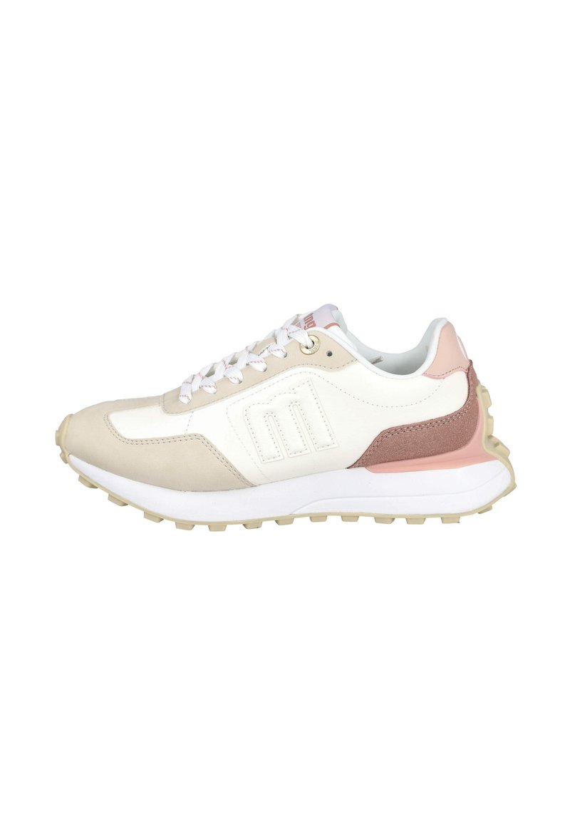 Zapatillas con una paleta de colores en blanco, beige y rosa suave, que cuentan con una parte superior de cuero liso, acentos texturizados y una suela de goma gruesa.