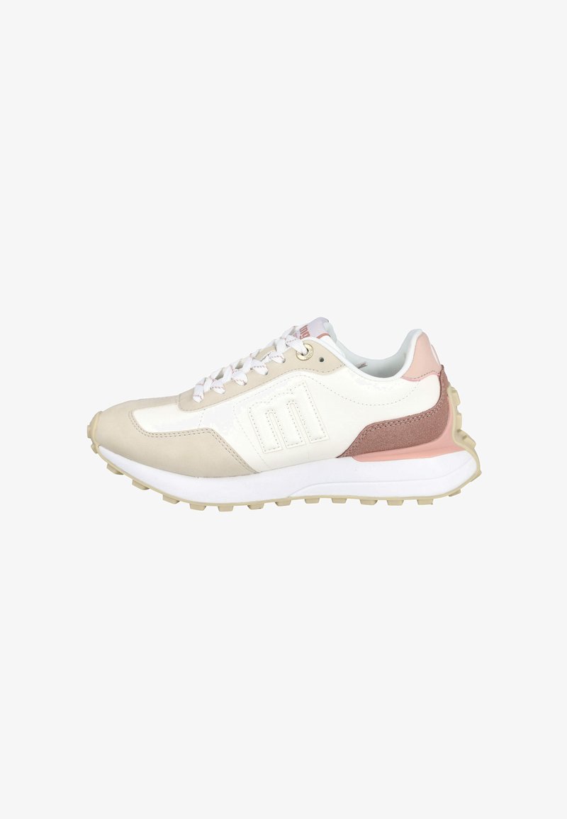 Zapatillas con una paleta de colores en blanco, beige y rosa suave, que cuentan con una parte superior de cuero liso, acentos texturizados y una suela de goma gruesa.