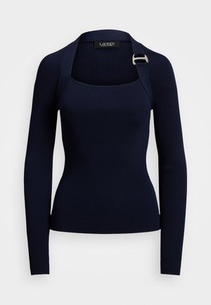 Navy ribbed long-sleeve top featuring a square neckline and a silver accent buckle on the shoulder straps. Smooth texture and fitted design.