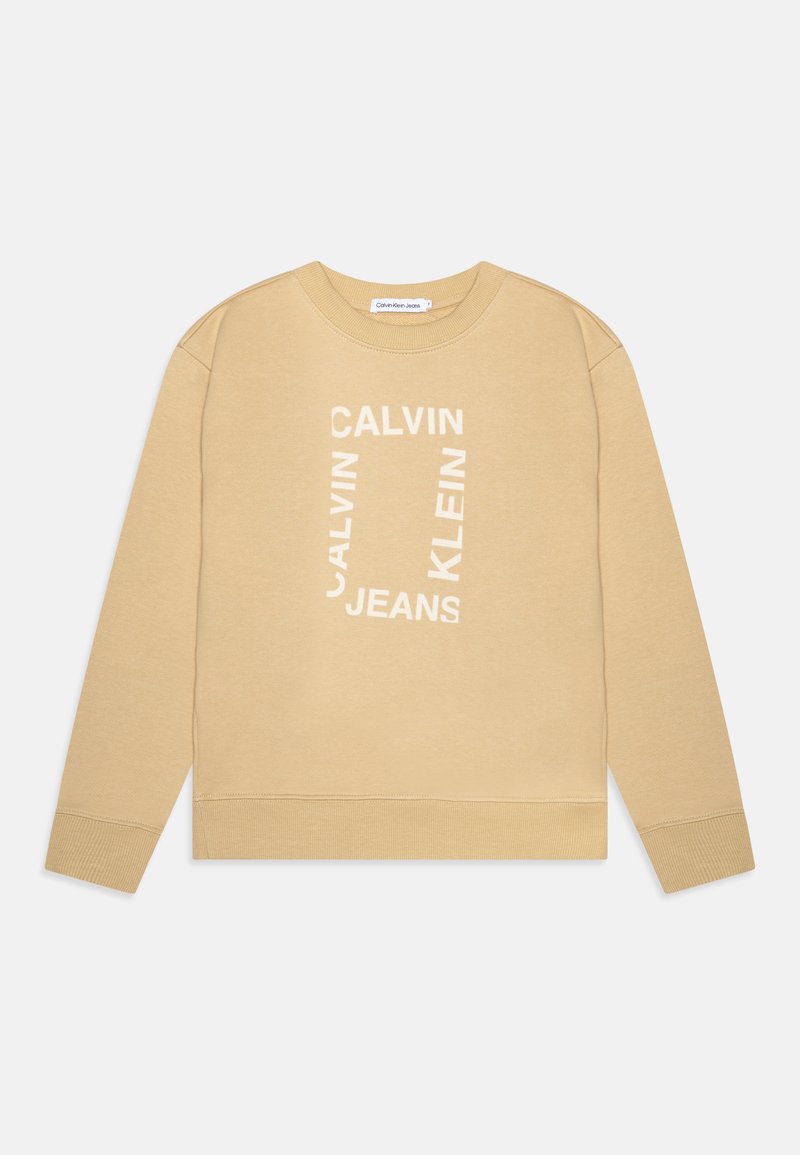 Felpa beige in misto cotone, con grafica del logo bianca. Collo tondo classico, polsini e orlo a costine, vestibilità rilassata, design minimalista.