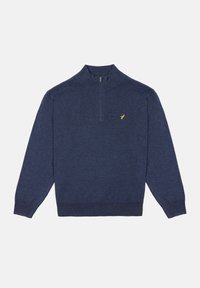 Granatowy sweter z krótkim zamkiem wykonany z teksturowanej dzianiny. Posiada prążkowany kołnierz, mankiety i dół, z małym żółtym logo na klatce piersiowej.