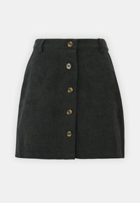 Zwarte corduroy rok met een hoge taille, sluiting met knopen aan de voorkant en een verticale ribbeltextuur. Voorzien van zes metalen knoppen en een uitlopende vorm.