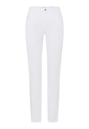 Smaltsiddende hvide bukser med mellemhøj talje, knap- og lynlås lukning, for- og baglommer, vist på en ensfarvet hvid baggrund.