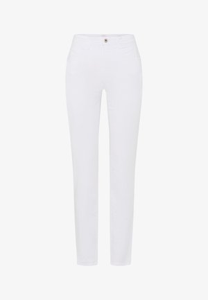 Schmal geschnittene weiße Hose mit mittlerer Taille, Knopf- und Reißverschluss, vorne und hinten Taschen, vor einem schlichten weißen Hintergrund dargestellt.