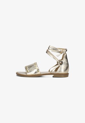 Gouden metallic sandaal met enkelbandjes en decoratieve studs aan de zijkant. Platte zool en open teenontwerp, met een gladde textuur.