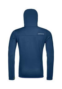 Navy blue hooded sweatshirt made of smooth fabric, featuring long sleeves, flat seams, and a logo on the upper back.