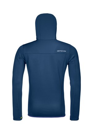 Navy blue hooded sweatshirt made of smooth fabric, featuring long sleeves, flat seams, and a logo on the upper back.