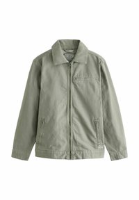 Casual light green zip-up jacket with collar, two front zip pockets, and one horizontal chest zip pocket, displayed flat on white background.