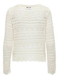 Maglione all'uncinetto color crema a maniche lunghe con intricati motivi in pizzo e orlo smerlato, mostrato da dietro.