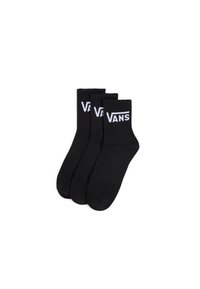 Schwarze Knöchelsocken im Dreierpack, mit gerippter Textur und dem weißen "VANS"-Logo auf der Oberseite. Aus weichem Baumwollmaterial.