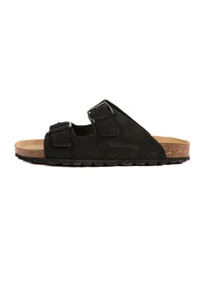 Sandale en suédine noire avec deux brides réglables et un footbed en liège, dotée d'une semelle en caoutchouc pour traction et durabilité.