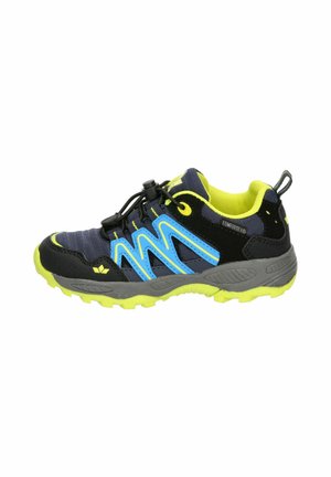 Kids' sneaker with a black mesh upper, blue and yellow accents, round toe, bungee laces, and a textured gray and yellow rubber sole.
