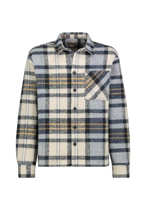 Long-sleeve button-up shirt with blue, black, white, and yellow plaid pattern and a chest pocket on the left side.