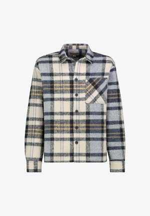 Long-sleeve button-up shirt with blue, black, white, and yellow plaid pattern and a chest pocket on the left side.