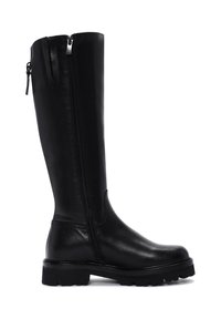 Black knee-high leather boot with a smooth finish, side zipper, chunky rubber sole, and rounded toe design.