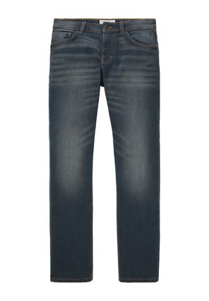 Jeans de mezclilla azul oscuro con corte recto, que cuentan con cinco bolsillos, costuras naranjas y un ligero desvanecimiento en los muslos para agregar textura.