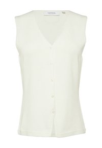 Witte mouwloze cardigan, met V-hals ontwerp, textuur gebreid materiaal, zes knopen sluiting, en zijsplitten aan de onderkant.
