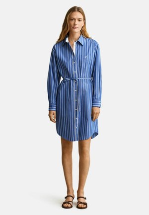 Vrouw staand, draagend een blauw-wit gestreepte jurk met lange mouwen en een ceintuur in de taille, en bruine sandalen, op een witte achtergrond.