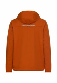 Orange waterproof jacket with a hood, featuring a reflective strip across the upper back, smooth texture, and streamlined silhouette.