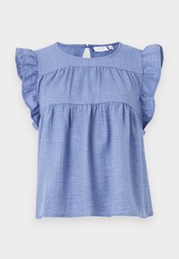 Blusa azzurro chiaro realizzata in tessuto morbido, con maniche corte a volant, scollatura rotonda e schiena con apertura a chiave e chiusura a bottone.