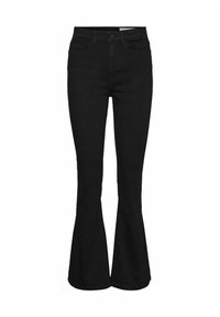 Jean noir taille haute avec jambe ajustée en haut et bas évasés, avec passants de ceinture, bouton sur le devant et poches.