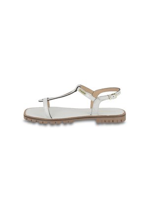Sandali in pelle bianca con design aperto, cinturino regolabile e suola in gomma marrone con battistrada testurizzato per una buona aderenza.