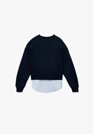 Felpa nera scura con orlo a coste e uno strato sottostante a righe blu chiaro e bianche. Presenta maniche lunghe e scollo a girocollo.