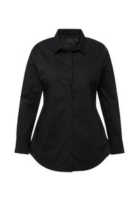 Camicia nera con bottoni realizzata in tessuto liscio, caratterizzata da un colletto a punta, maniche lunghe e un orlo curvo con bottoni a vista.