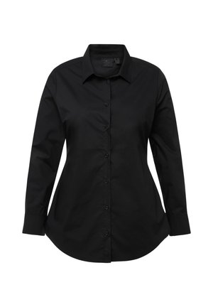 Zwarte button-up overhemd van gladde stof, met een puntige kraag, lange mouwen en een gebogen zoom met zichtbare knopen.