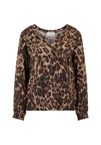 Leopardenmuster Bluse mit V-Ausschnitt, langen Ärmeln und gerafften Manschetten. Der Stoff ist weich und hat eine strukturierte Optik in Braun- und Schwarztönen.