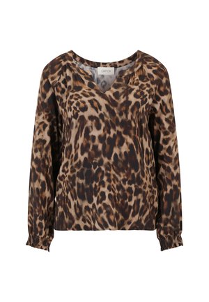 Blouse à imprimé léopard avec un décolleté en V, des manches longues et des poignets froncés. Le tissu est doux avec une apparence texturée dans des tons marron et noir.