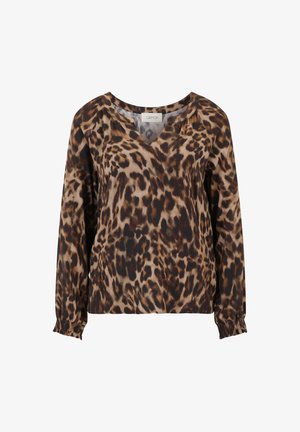 Leopardprint skjorte med V-hals, lange ærmer og samlet manchetter. Stoffet er blødt med en struktureret overflade i brune og sorte nuancer.