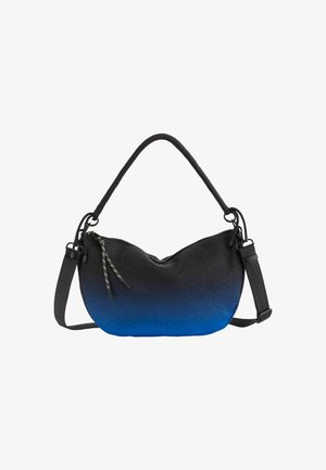 Bolso de hombro en degradado negro y azul con una superficie texturizada hexagonal, un cierre de cremallera y un asa trenzada. Se incluye una correa ajustable.