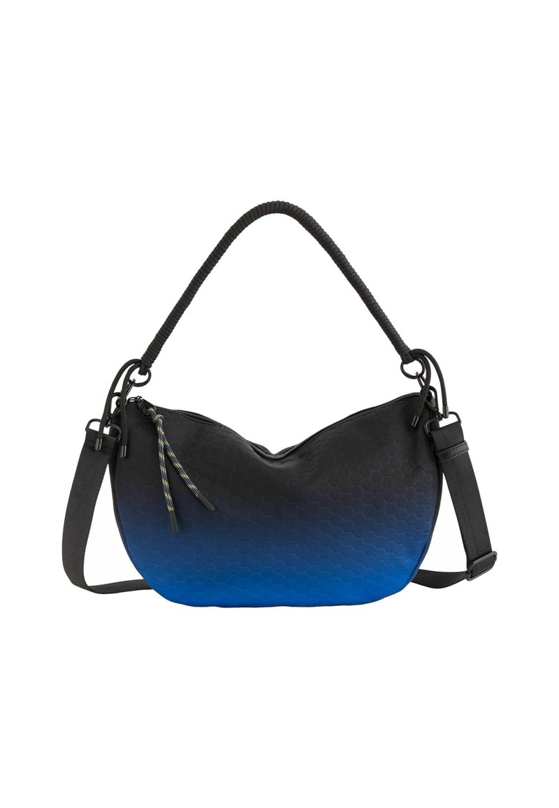 Czarna i niebieska torebka na ramię w gradientowym kolorze, z heksagonalną teksturą, zamykana na zamek błyskawiczny, z plecioną rączką. W zestawie regulowany pasek.