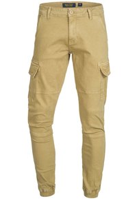 Khaki Cargo-Hosen mit schlankem Schnitt, ausgestattet mit mehreren Taschen, elastischen Bündchen und einem geschmeidigen Baumwollmischgewebe. Knopfverschluss an der Taille.