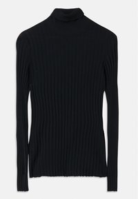 Svart ribbet høyhalset genser med lange ermer, har en teksturert stoff, tettsittende design og en litt slitt nederkant.