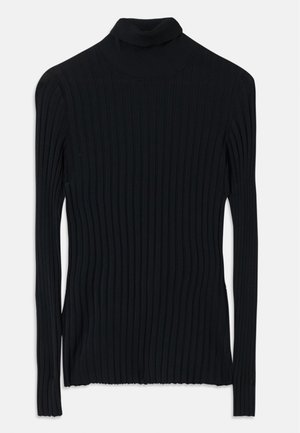 Čierny rebrovaný rolák s dlhými rukávmi, vyrobený z textúrovaného materiálu, s priliehavým strihom a mierne rozstrapateným lemom.