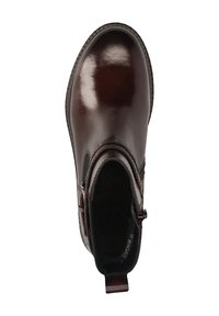 Braune Leder-Ankleboots mit glänzender Oberfläche, elastischen Seitenpaneelen und einer Zuglasche an der Rückseite für einfaches Anziehen. Texturierte Sohle für besseren Halt.