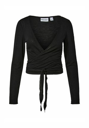 Sort langærmet top med dyb V-hals og omslagsdesign, med et samlet taljebælte og blødt, let stof.