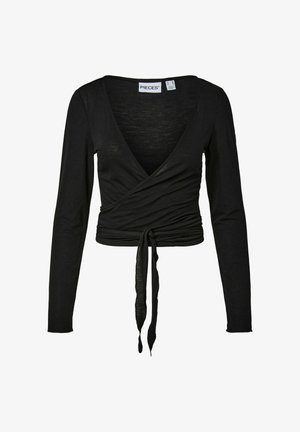 Langermet svart topp med dyp V-hals og omslagsdesign, med en knytebelte i midjen og mykt, lett stoff.